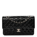 Glazed Calfskin Quilted Medium Double Flap Black