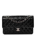 Glazed Calfskin Quilted Medium Double Flap Black