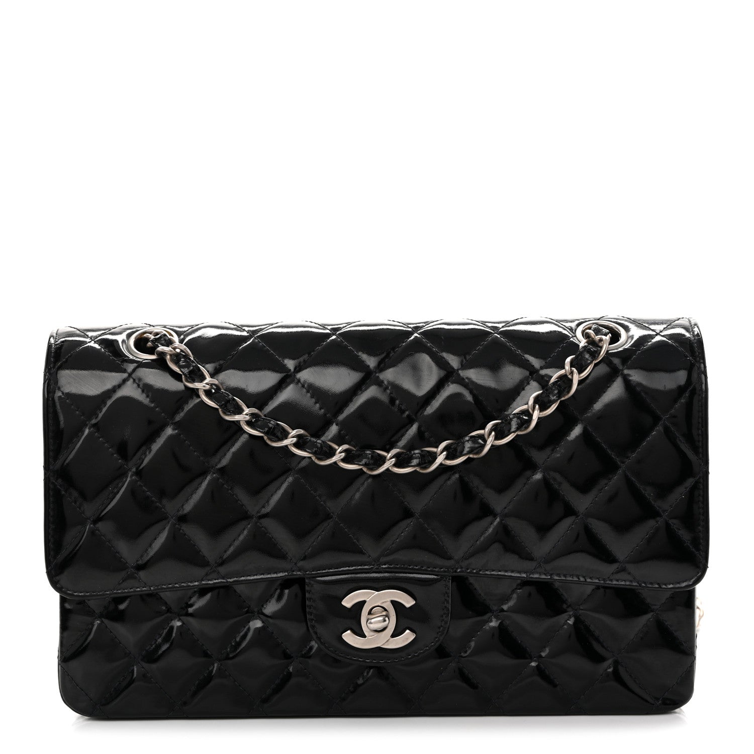 Glazed Calfskin Quilted Medium Double Flap Black