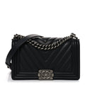 Calfskin Chevron Quilted Medium Boy Flap Black
