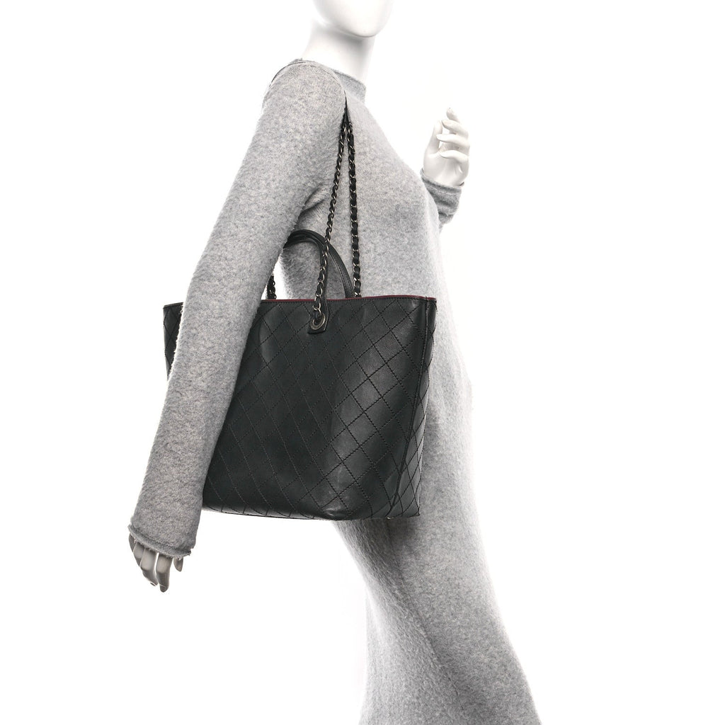 Calfskin Stitched Large Shopping Tote Black