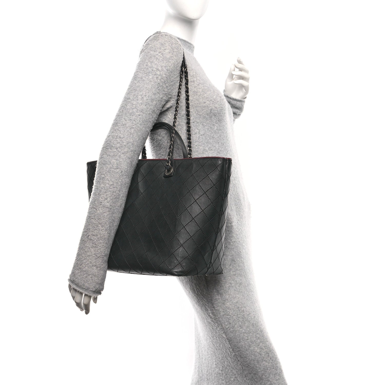 Calfskin Stitched Large Shopping Tote Black