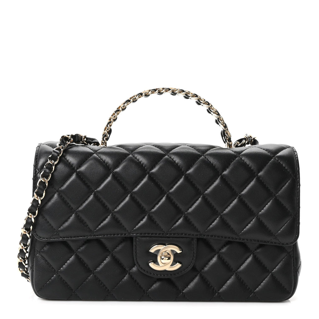 Lambskin Quilted Crystal Top Handle Small Rectangular Flap Black