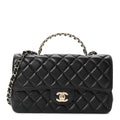 Lambskin Quilted Crystal Top Handle Small Rectangular Flap Black