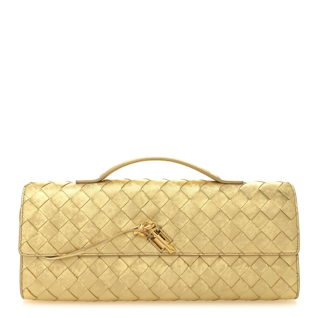 Metallic Satin Lambskin Intrecciato Long Andiamo Top Handle Clutch Gold