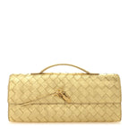 Metallic Satin Lambskin Intrecciato Long Andiamo Top Handle Clutch Gold
