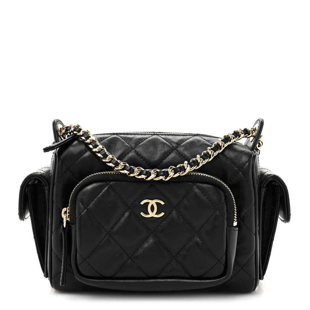 Shiny Crumpled Lambskin Quilted Small Preppy Pocket Camera Case Black