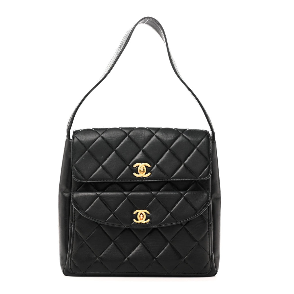Lambskin Quilted Double Pocket Shoulder Bag Black