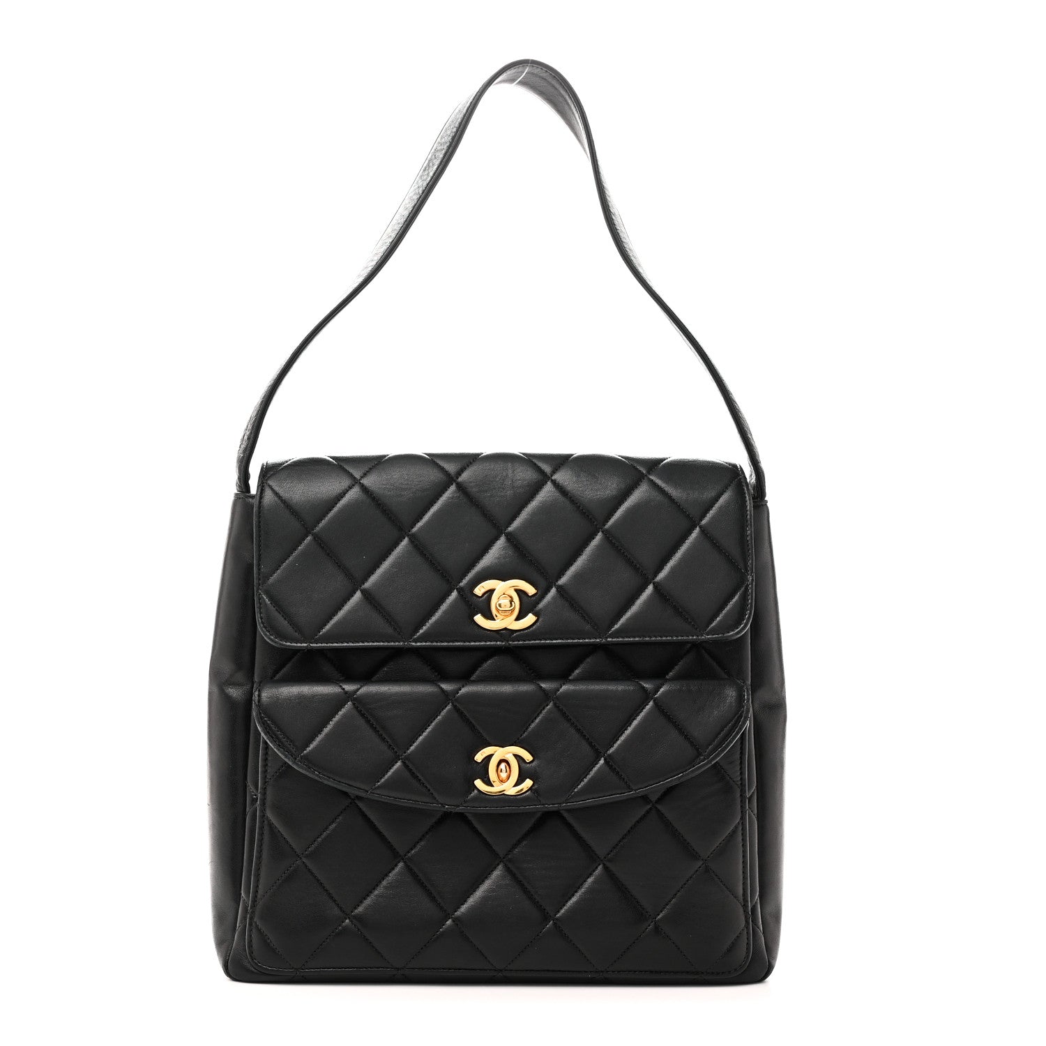Lambskin Quilted Double Pocket Shoulder Bag Black
