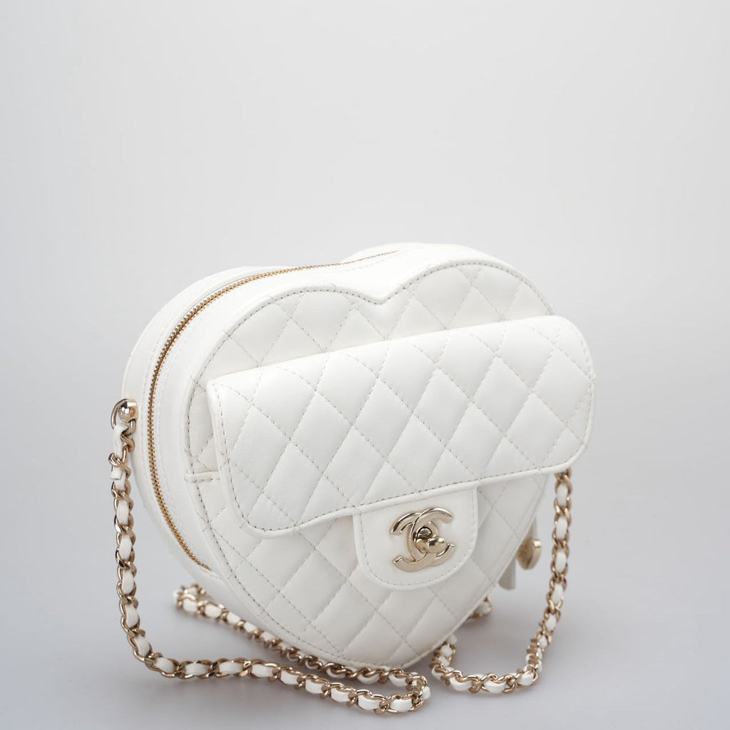 Chanel Big Heart Bag CC in Love Heart Clutch Large Size in White with Champagne Gold Hardware