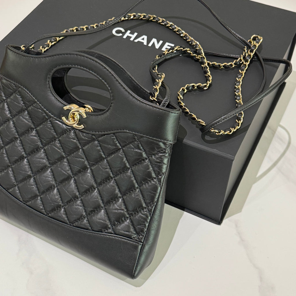 CHANEL 31 BAG 23A MINI WRINKLED CALFSKIN BLACK & GOLD HARDWARE CHIP MODEL