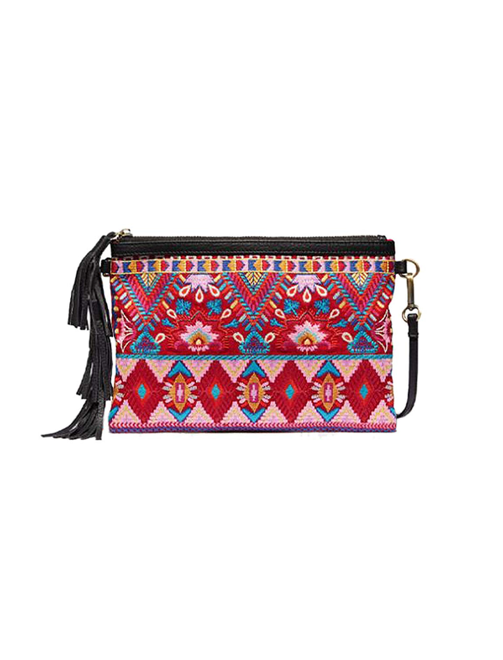 Johnny Was Laurell Fringe Floral Embroidery Bag Zip Handbag Black Pink Purse NEW