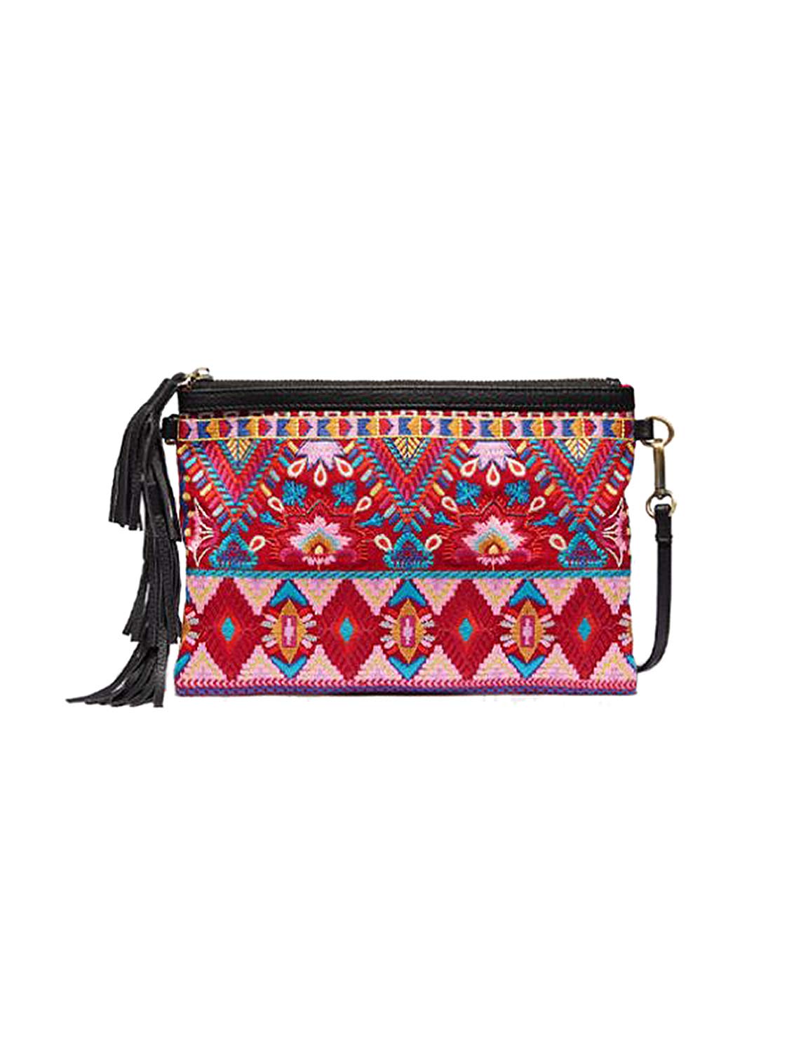 Johnny Was Laurell Fringe Floral Embroidery Bag Zip Handbag Black Pink Purse NEW