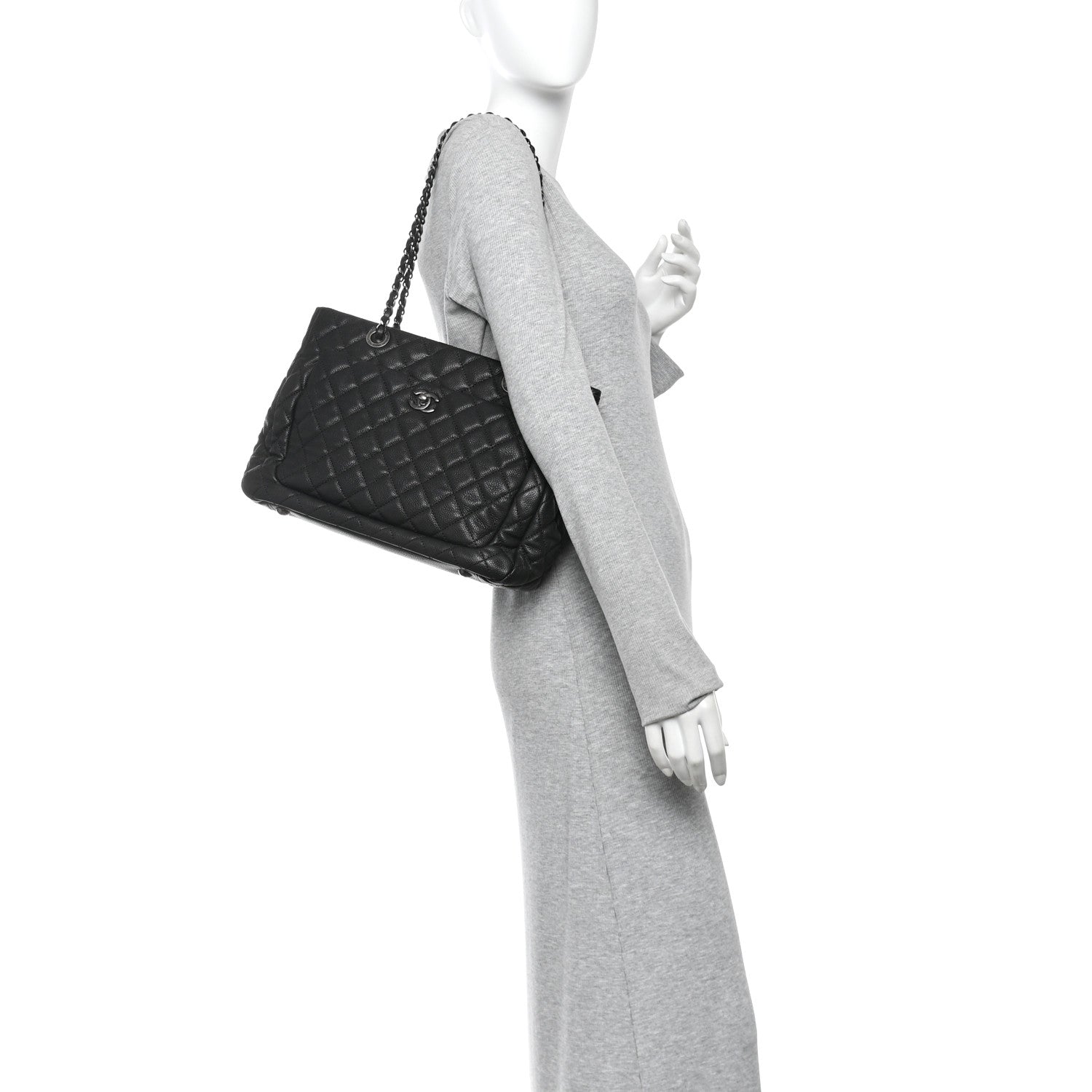 Caviar Quilted Shopping Tote Black