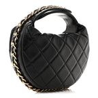 Lambskin Quilted Chain Around Pouch Hobo Black