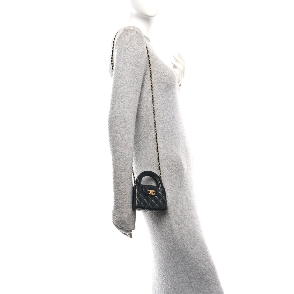 Shiny Aged Calfskin Quilted Mini Nano Kelly Shopper Black