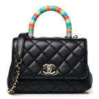 Goatskin Quilted Rainbow Extra Mini Coco Handle Flap Black