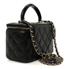 Lambskin Quilted Small Top Handle Vanity Case With Chain Black