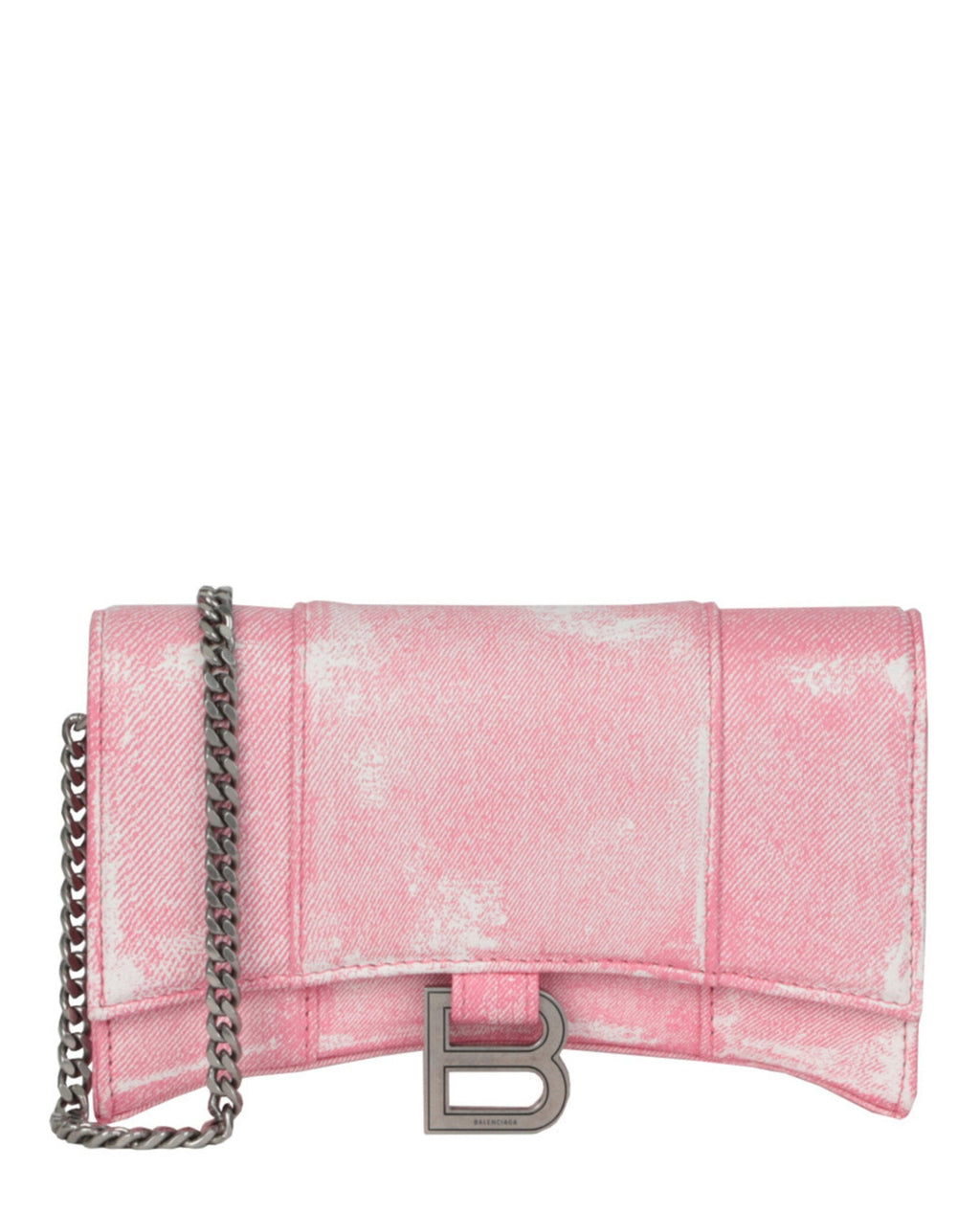 Balenciaga Womens Denim Print Hourglass Wallet On A Chain