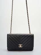 Chanel Lambskin Chevron Quilted Trendy CC Wallet On Chain Woc In Black
