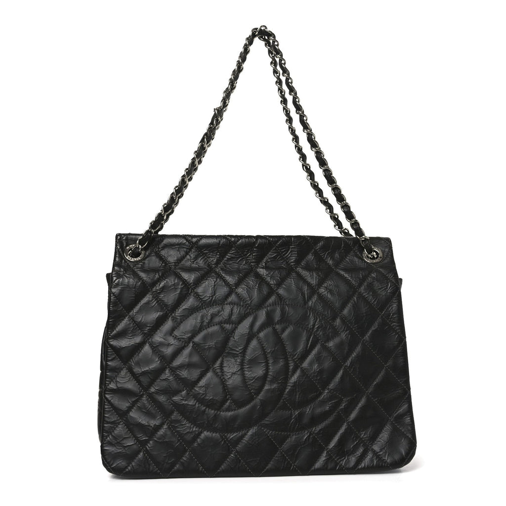 Glazed Calfskin Quilted CC XL Single Flap Black
