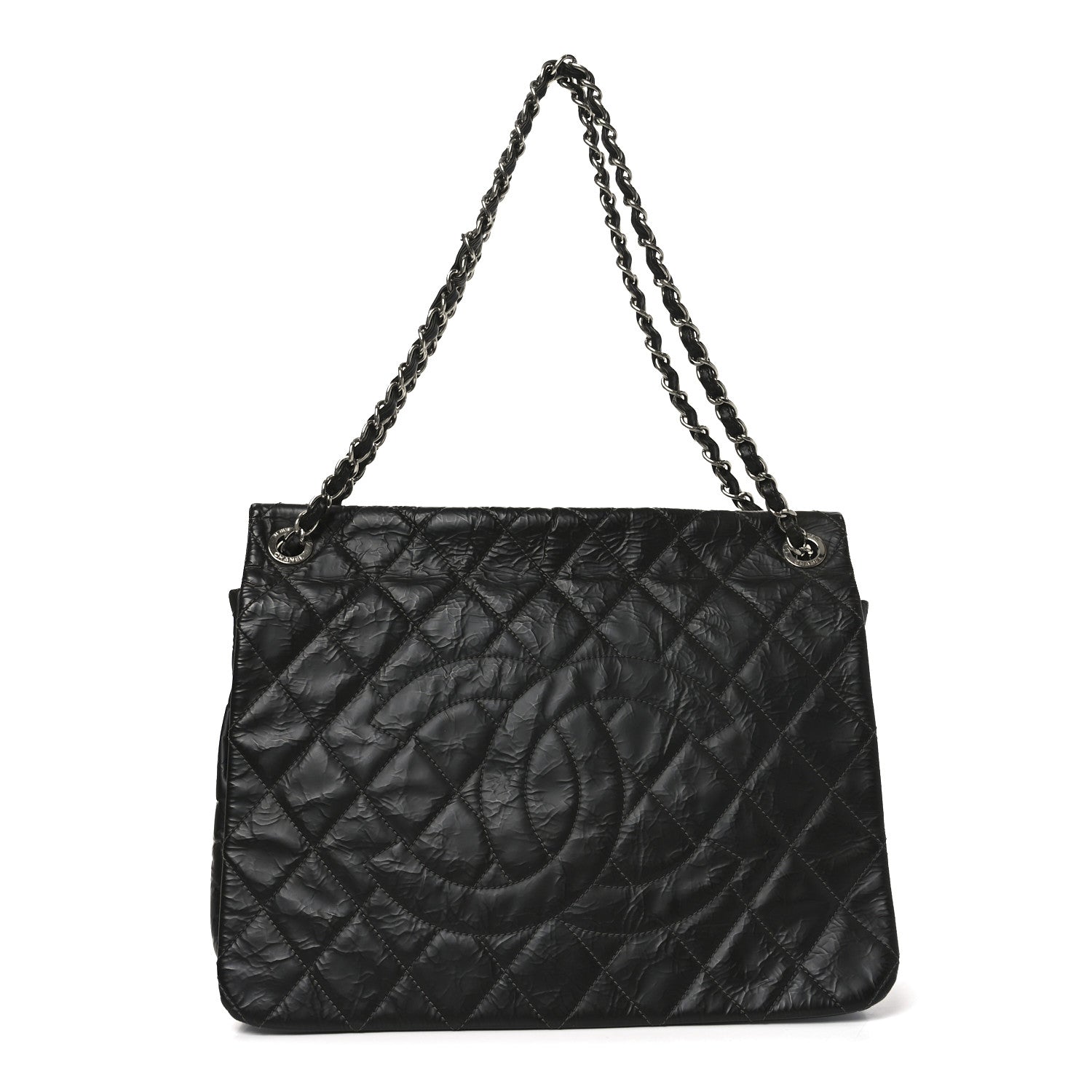 Glazed Calfskin Quilted CC XL Single Flap Black