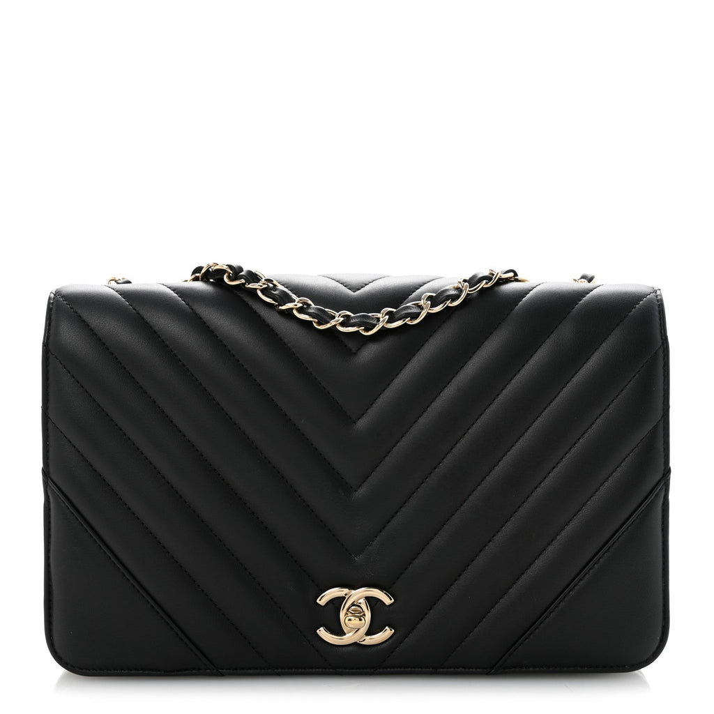 Calfskin Chevron Quilted Large Statement Flap Black