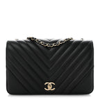 Calfskin Chevron Quilted Large Statement Flap Black