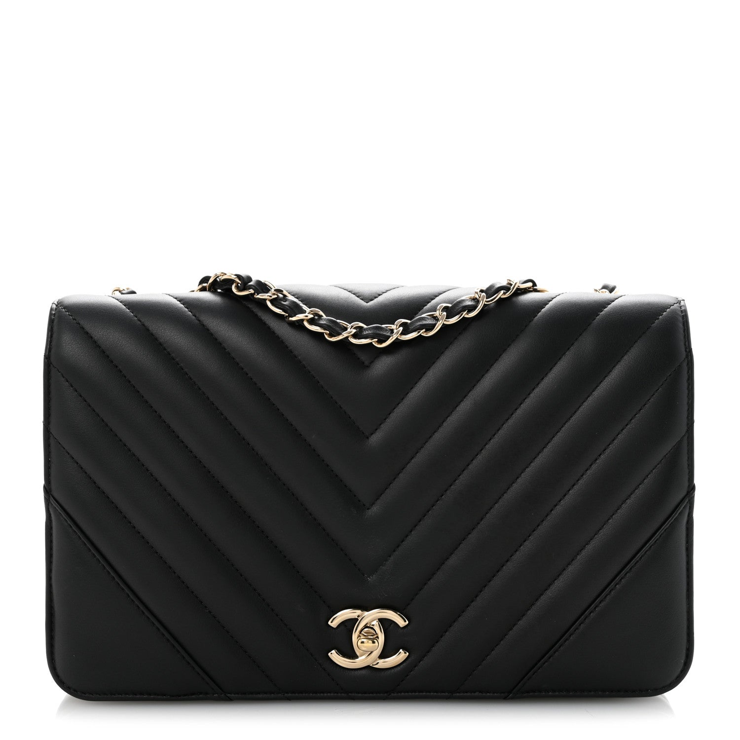 Calfskin Chevron Quilted Large Statement Flap Black
