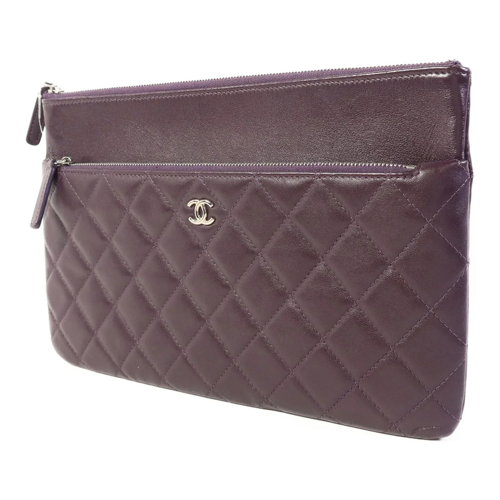 Chanel CC Quilted Lambskin Double Zip Clutch Purple SHW bag