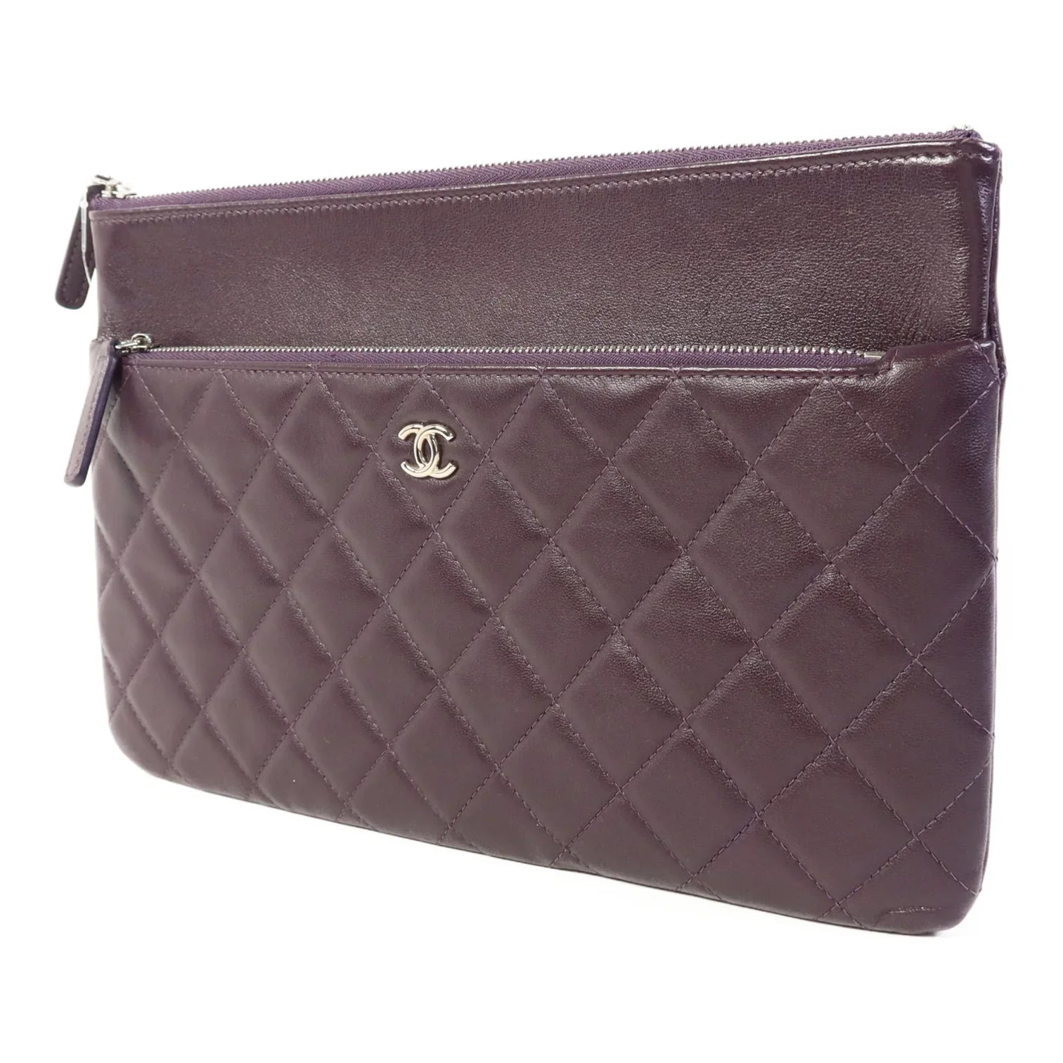 Chanel CC Quilted Lambskin Double Zip Clutch Purple SHW bag