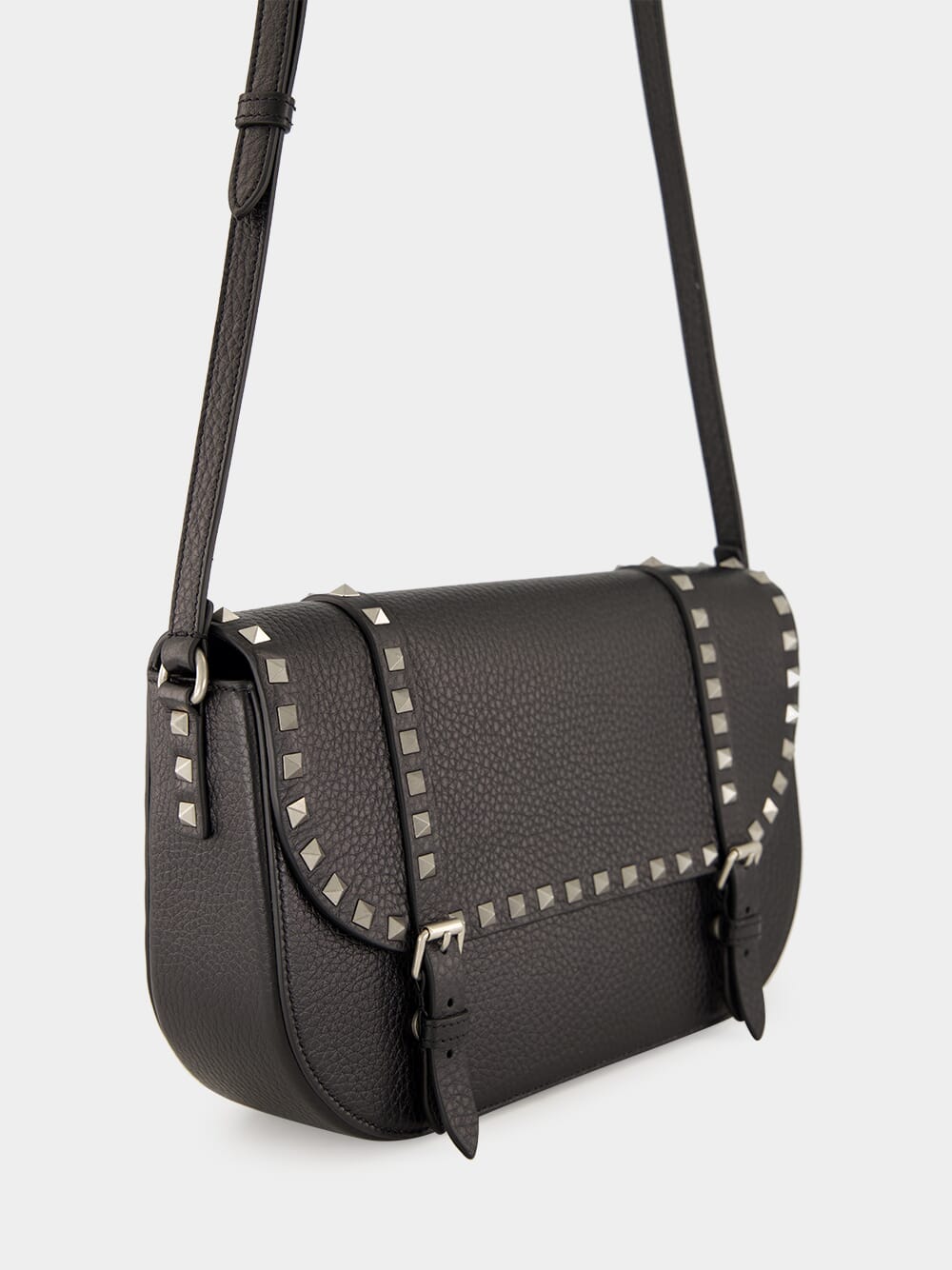 Rockstud Large Messenger Bag in Black Leather