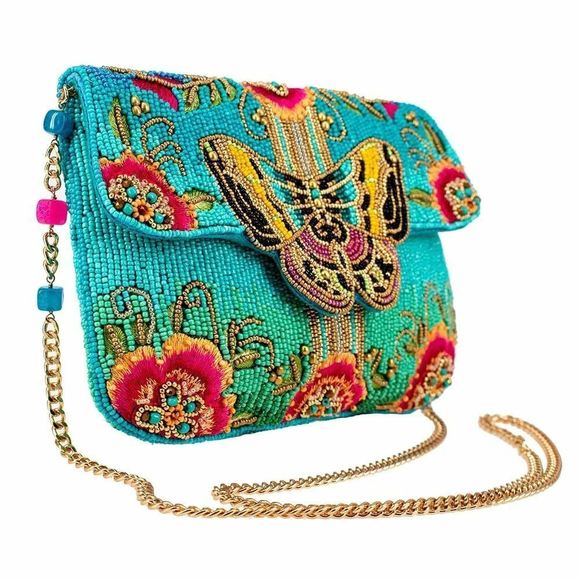 Mary Frances Butterfly Love Spring Floral Bag Beaded Handbag Blue Pink Purse NEW