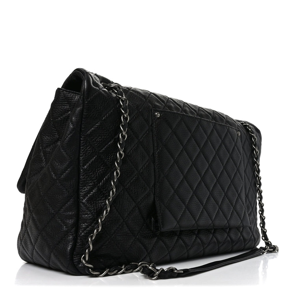 Grained Calfskin Quilted XXL Travel Flap Bag Black