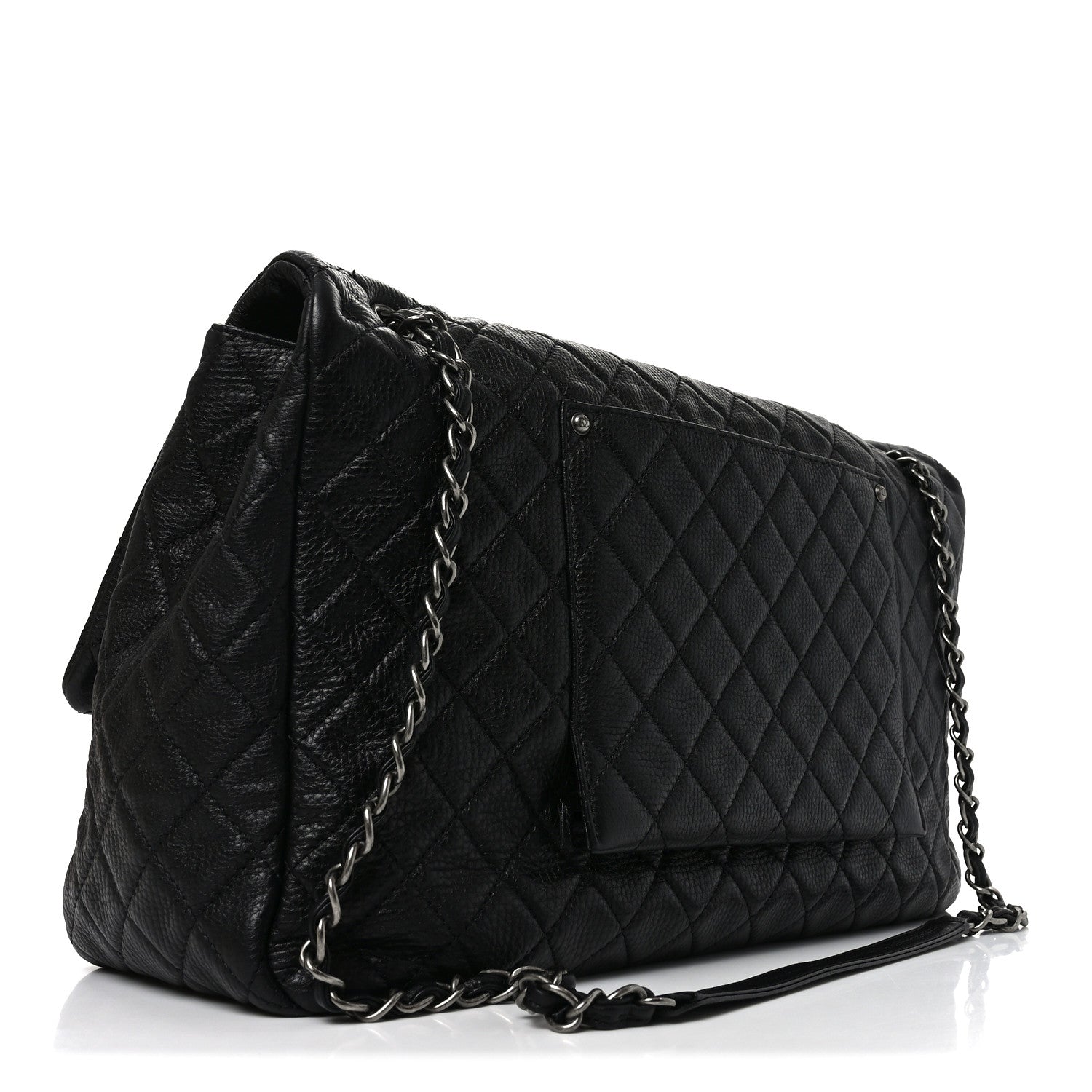 Grained Calfskin Quilted XXL Travel Flap Bag Black