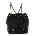 Lambskin Quilted Double Pocket Drawstring Backpack Black