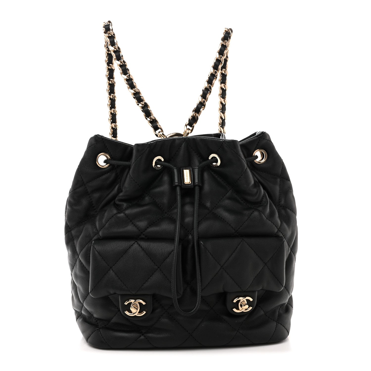 Lambskin Quilted Double Pocket Drawstring Backpack Black