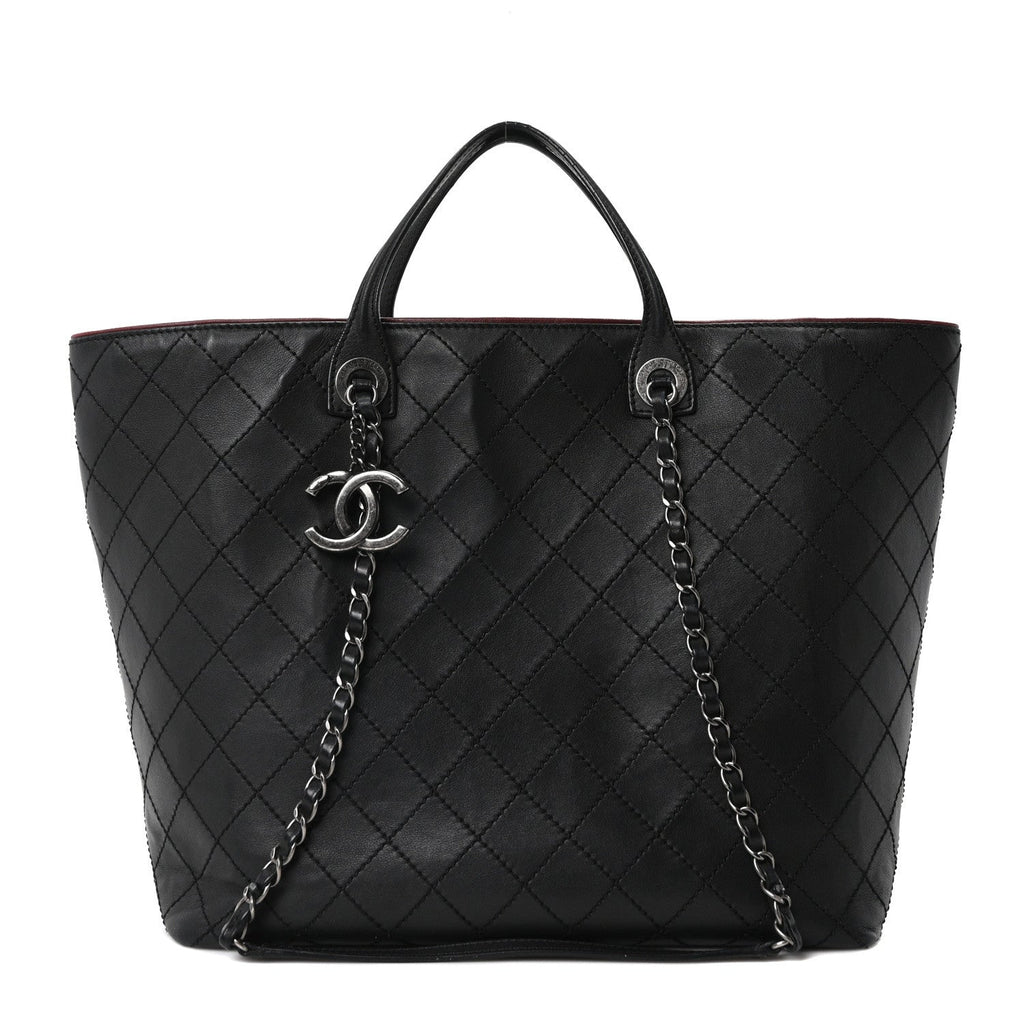 Calfskin Stitched Large Shopping Tote Black
