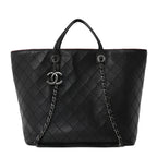 Calfskin Stitched Large Shopping Tote Black