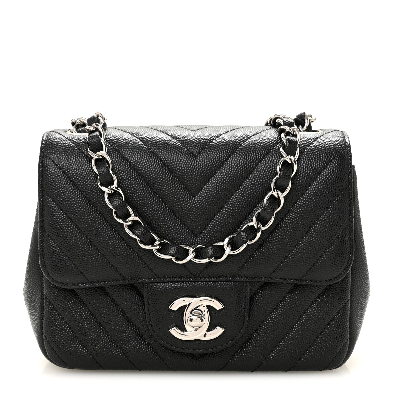 Caviar Chevron Quilted Mini Square Flap Black