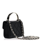 Lambskin Quilted Mini Metal Top Handle Flap Clutch With Chain  Black