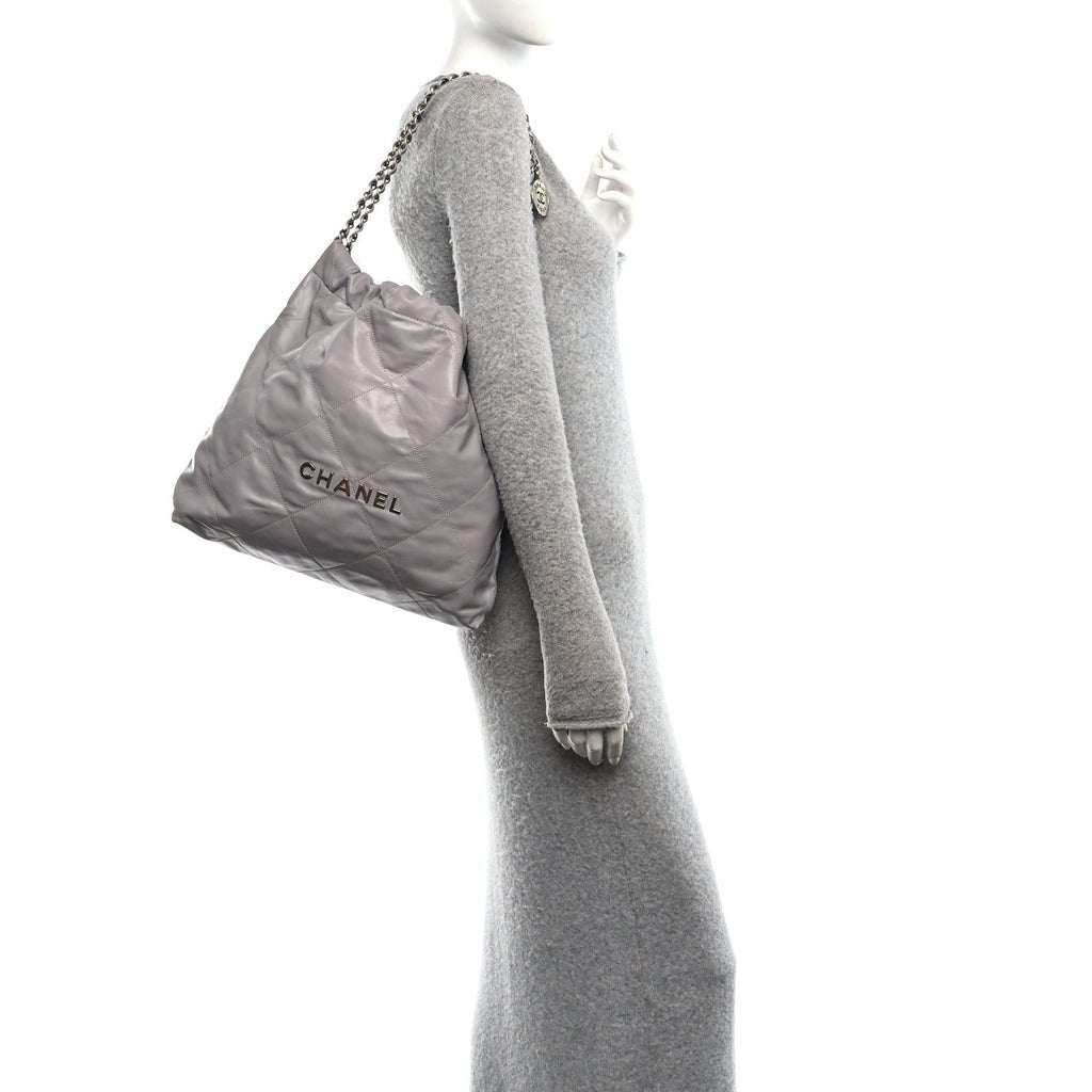 Shiny Calfskin Quilted Chanel 22 Grey