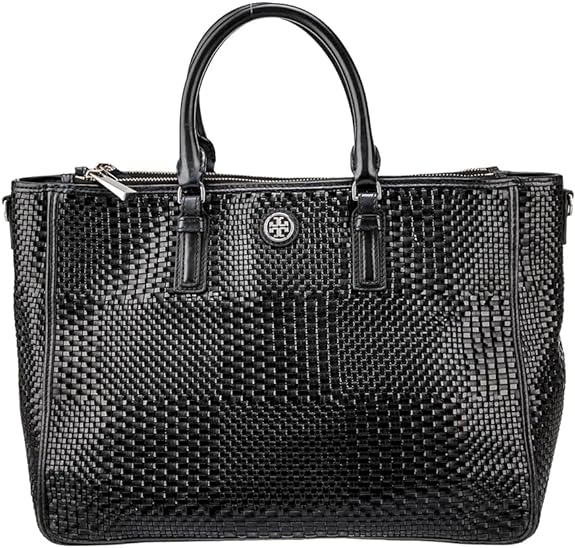 Tory Burch Robinson Black Tote Basketweave Saffiano Leather Large Handbag Bag NEW