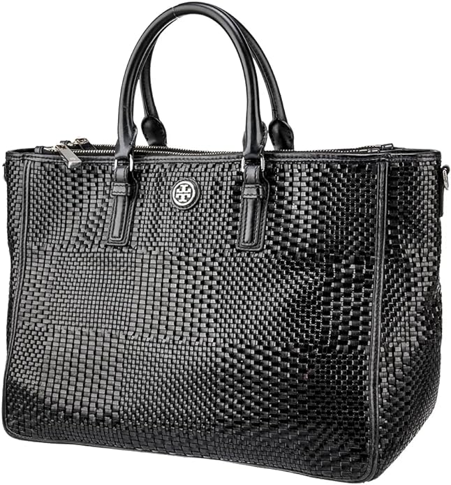 Tory Burch Robinson Black Tote Basketweave Saffiano Leather Large Handbag Bag NEW