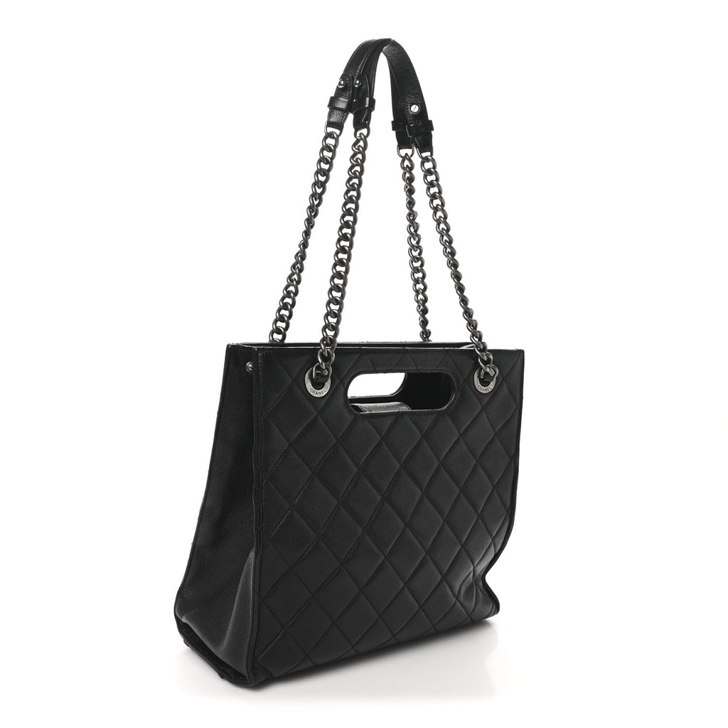 Goatskin Quilted Small Perfect Edge Shopping Tote Black