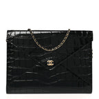 Calfskin Crocodile Embossed Croc Illusion Clutch With Chain  Black