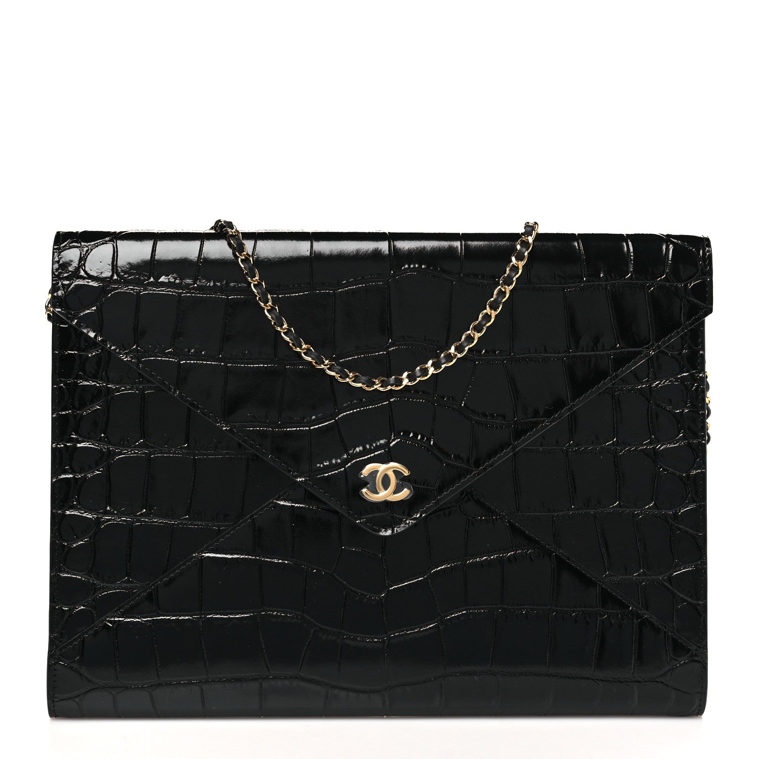 Calfskin Crocodile Embossed Croc Illusion Clutch With Chain  Black