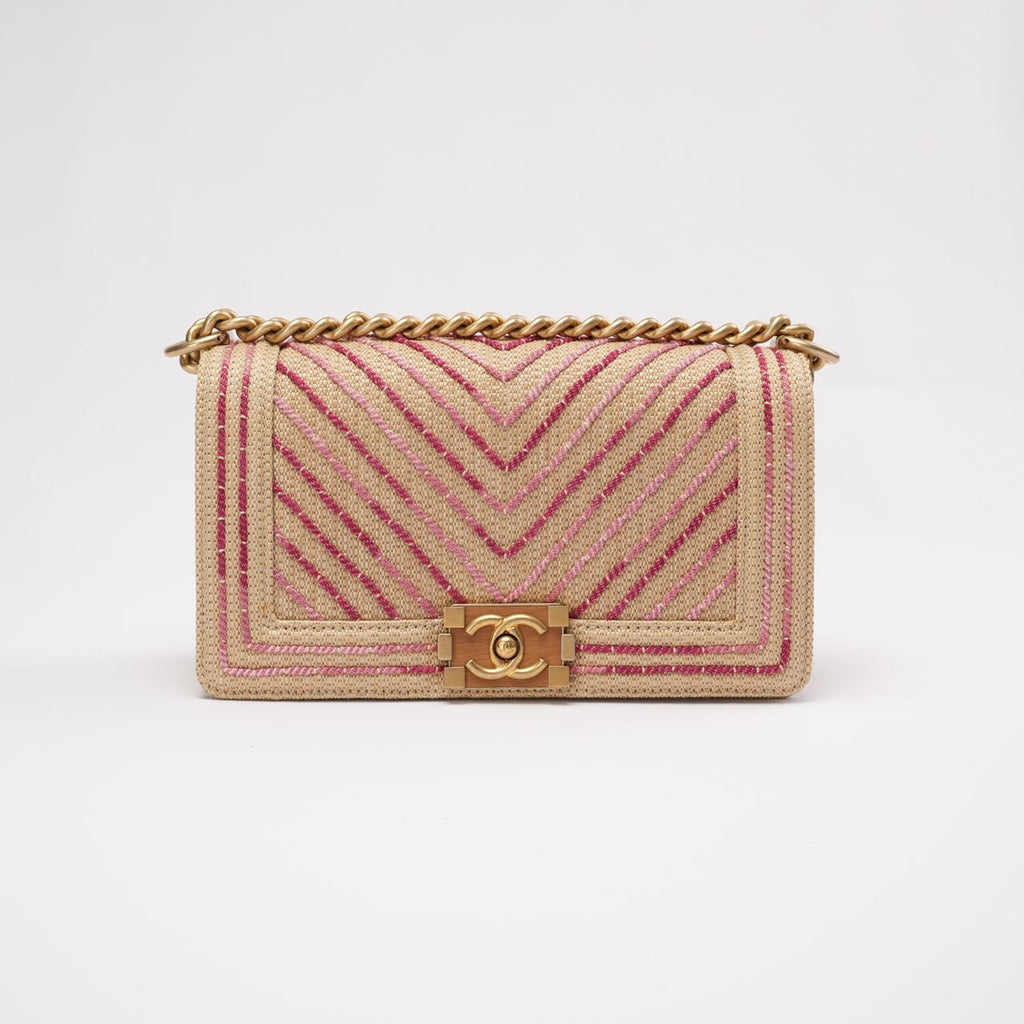 Chanel Medium Boy Flap Chevron Raffia & Leather Pink 2018