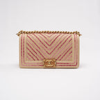 Chanel Medium Boy Flap Chevron Raffia & Leather Pink 2018