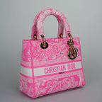 Christian Dior Canvas Toile De Jouy Reverse Embroidered Medium Lady D-Lite in Fluorescent Pink
